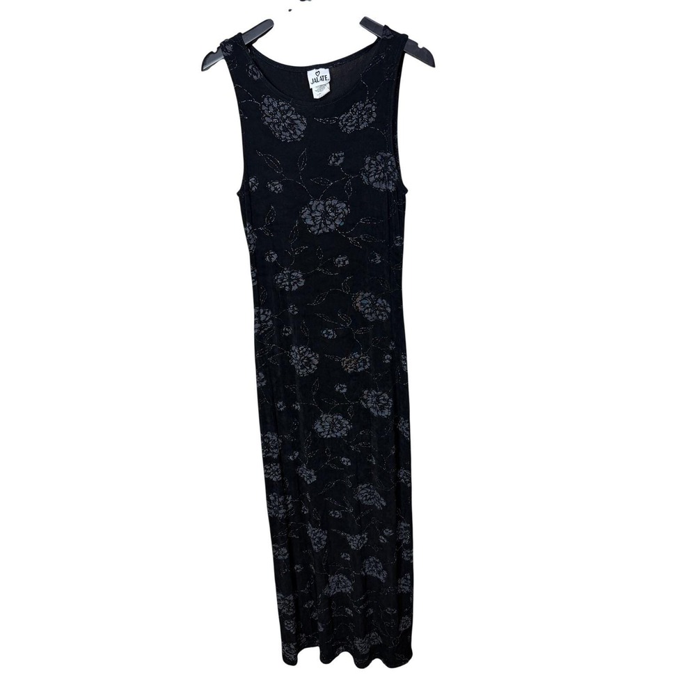 Vintage Jalate Womens Black Silver Glitter Floral Maxi Dress Large Made in USA